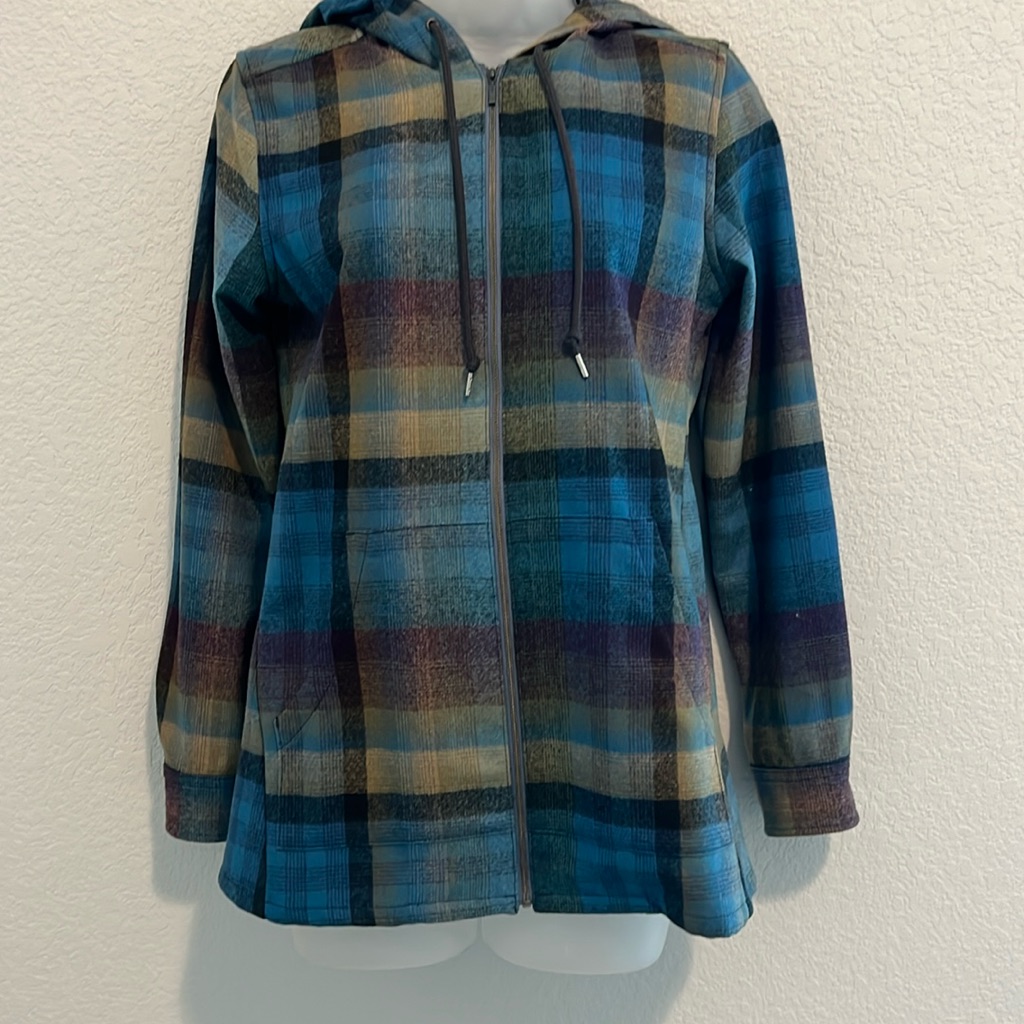Pendleton Teal Plaid Hooded Utility Jacket With Blue And Tan Accents